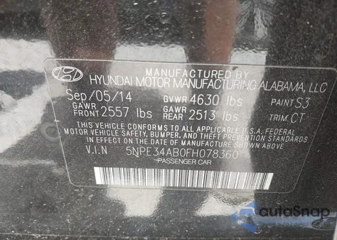 2015 Hyundai Sonata Sport 2.0T z USA, uszkodzony, nr VIN 5NPE34AB0FH078360